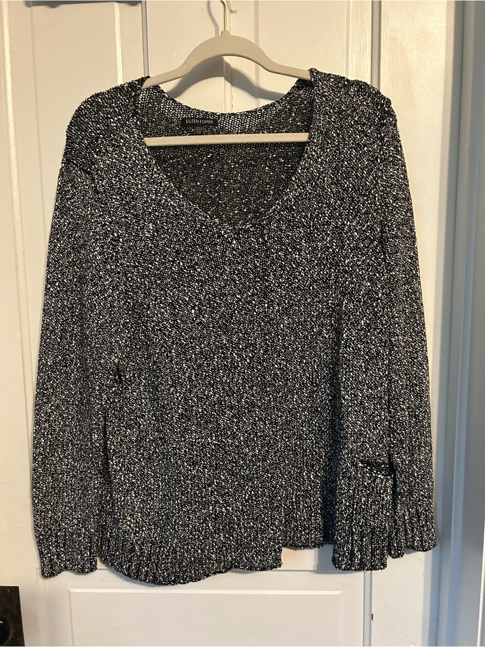 Eileen Fisher Black and White Marled V-Neck Sweater